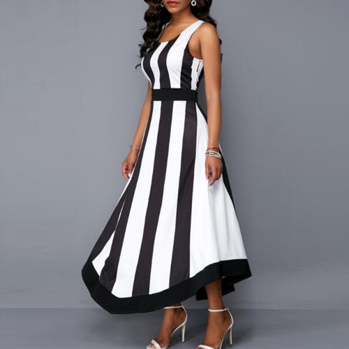 Western Style Striped High Waist Sleeveless Maxi Dress -White image