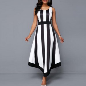 Western Style Striped High Waist Sleeveless Maxi Dress -White               