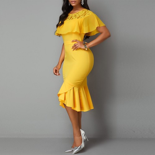 Asymmetrical Ladies Round Neck Bodycon Midi Dress - Yellow image