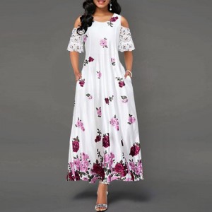 Floral Print Lace Stitching Cold Shoulder Maxi Dress - Red