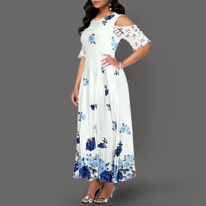 Floral Print Lace Stitching Cold Shoulder Maxi Dress - Blue