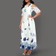 Floral Print Lace Stitching Cold Shoulder Maxi Dress - Blue image