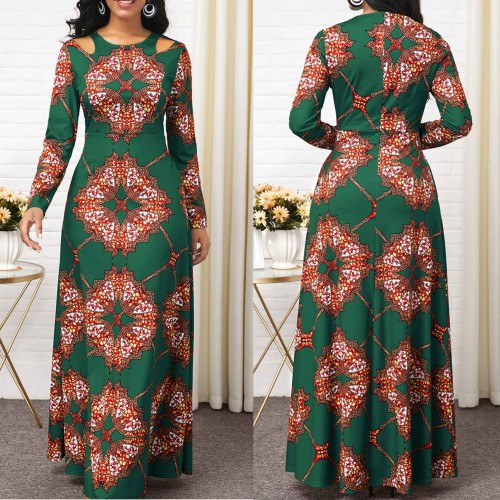  Beautiful Long Sleeve Printed Flare Maxi Dress - Green image