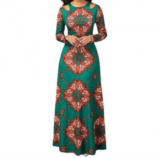  Beautiful Long Sleeve Printed Flare Maxi Dress - Green image