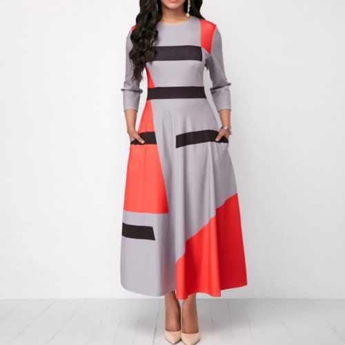 Geometric Printed Long Sleeved High Waist Maxi Dress -Grey image