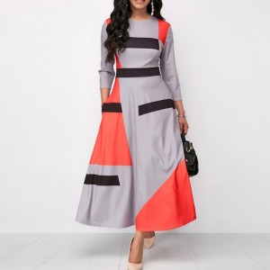 Geometric Printed Long Sleeved High Waist Maxi Dress -Grey