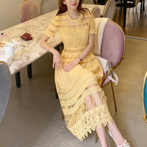  Korean Fashion Short Sleeve Mid-Calf Lace Dress -Yellow image