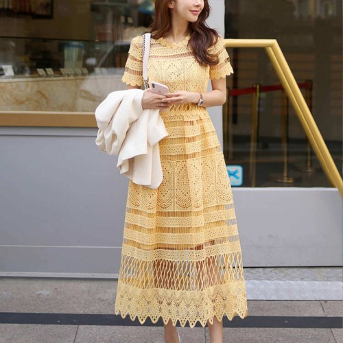  Korean Fashion Short Sleeve Mid-Calf Lace Dress -Yellow image