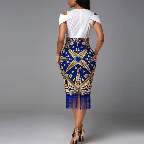 Elegant Cold Shoulder African Print Midi Dress - Blue image