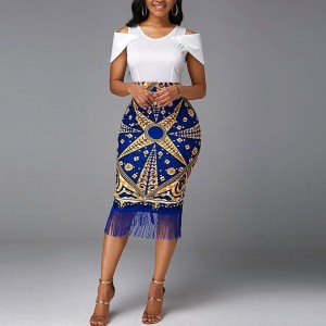 Elegant Cold Shoulder African Print Midi Dress - Blue  