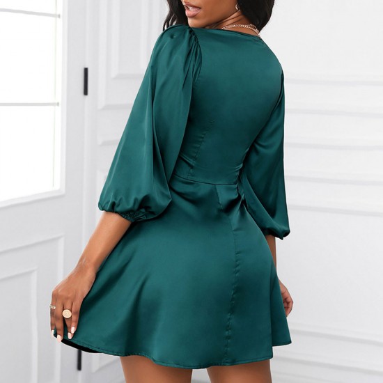  Beautiful Lantern Sleeves V-Neck Short A-Line Dress - Green image