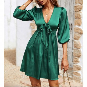  Beautiful Lantern Sleeves V-Neck Short A-Line Dress - Green