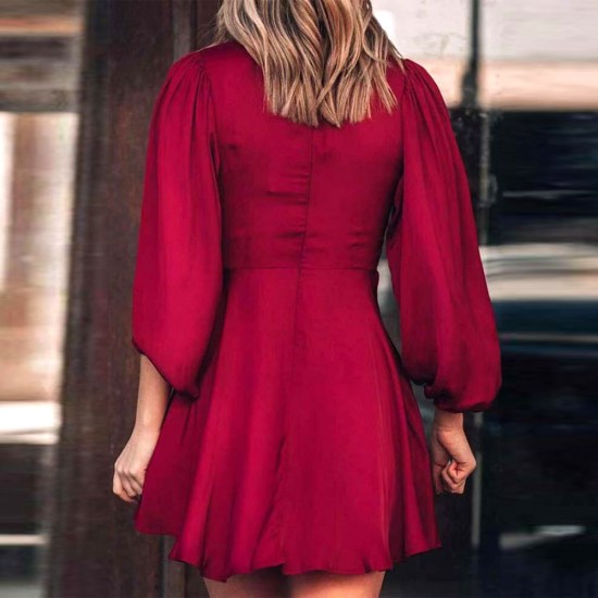  Beautiful Lantern Sleeves V-Neck Short A-Line Dress - Red image
