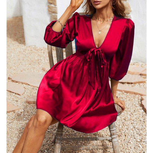  Beautiful Lantern Sleeves V-Neck Short A-Line Dress - Red image