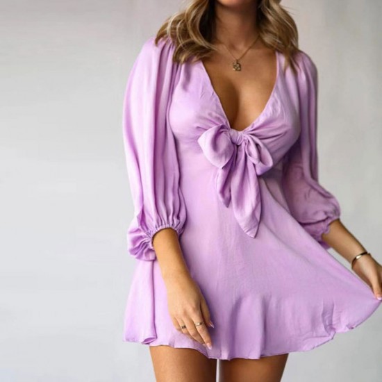  Beautiful Lantern Sleeves V-Neck Short A-Line Dress - Purple image