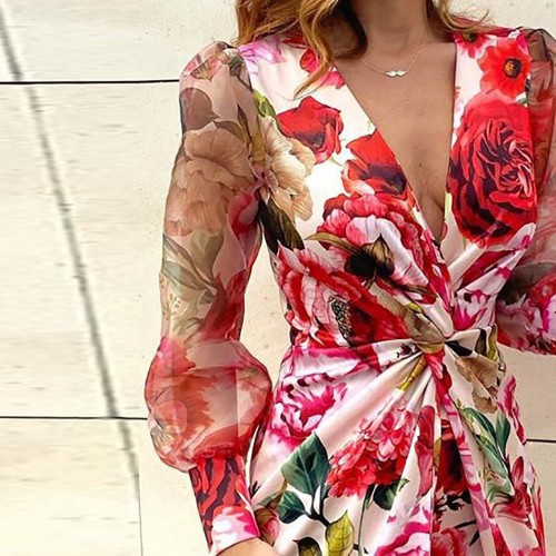 Trendy Printed Long Sleeve V-Neck Mini Dress - Red image