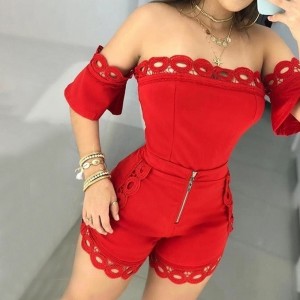 Solid Color Ladies Off Shoulder  Top And Mini Shorts - Red
