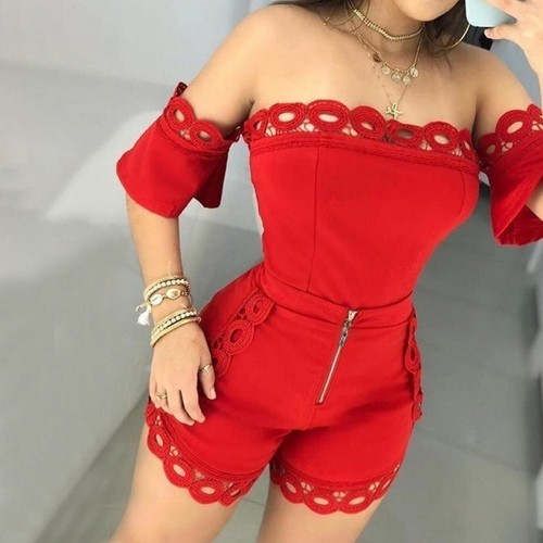 Solid Color Ladies Off Shoulder Top And Mini Shorts - Red image
