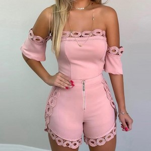 Solid Color Ladies Off Shoulder  Top And Mini Shorts - Pink