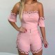 Solid Color Ladies Off Shoulder Top And Mini Shorts - Pink image