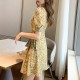 Beautiful V-Neck Floral Print Short Wrap Dress - Yellow image