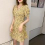 Beautiful V-Neck Floral Print Short Wrap Dress - Yellow
