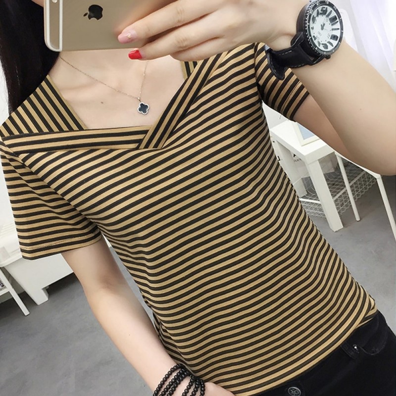 Trendy V-Neck Striped Women's Short Sleeve Blouse - Brown image