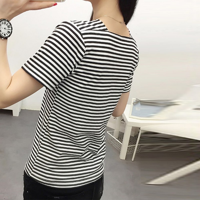 Trendy V-Neck Striped Women's Short Sleeve Blouse - White image