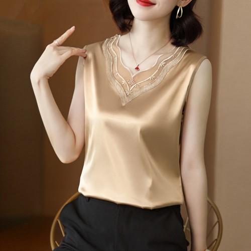 Solid Color V-Neck Loose Sleeveless Blouse With Lace Trim - Gold image