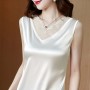 Beautiful Lace V-Neck Silk Satin Sleeveless Blouse - White