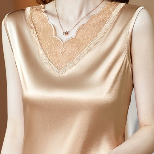 Beautiful Lace V-Neck Silk Satin Sleeveless Blouse - Gold image