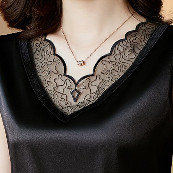 Beautiful Lace V-Neck Silk Satin Sleeveless Blouse - Black image