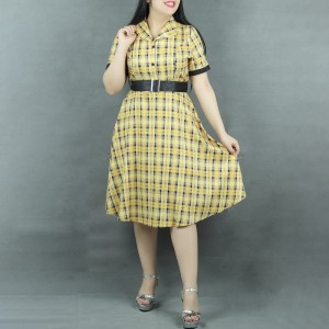 Short Sleeve Checkered A-Line Printed Midi Dress - Yellow