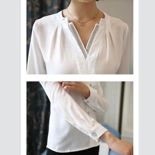 Casual V-Neck Long Sleeve Chiffon Shirt - White image
