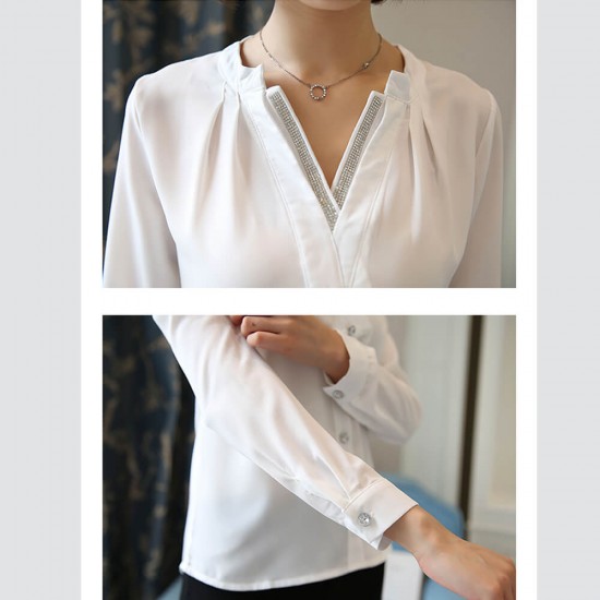 Casual V-Neck Long Sleeve Chiffon Shirt - White image