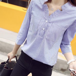 Striped Stand Collar Buttoned Shirt for Ladies - Blue