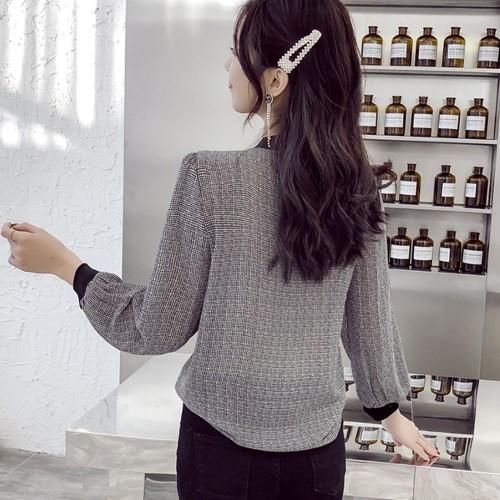 Checkered Pattern Long Sleeve Loose Top for Women - Grey image
