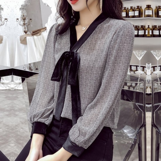 Checkered Pattern Long Sleeve Loose Top for Women - Grey image