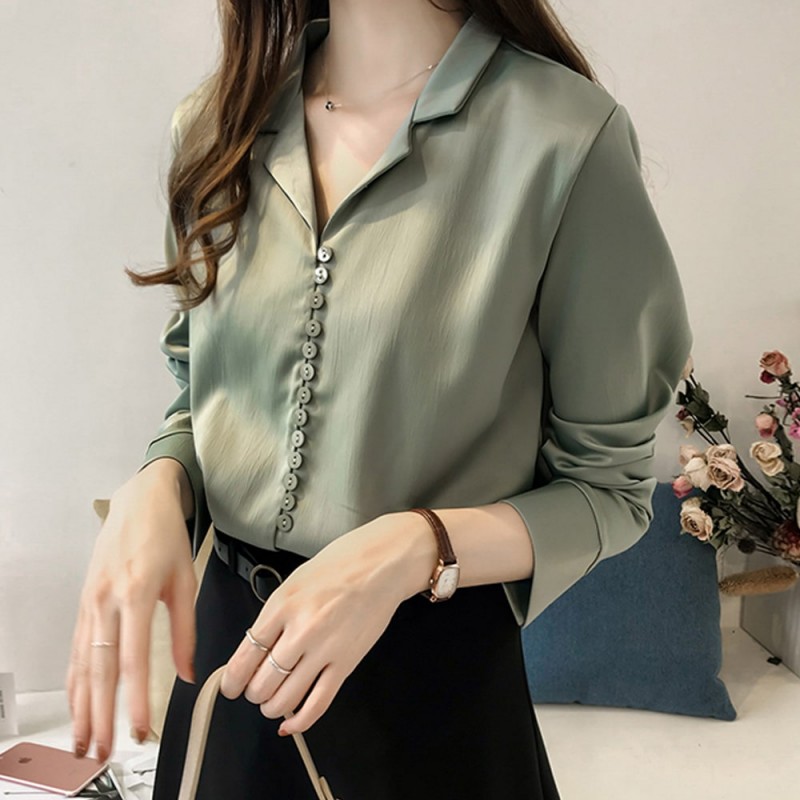 Buttoned Style Collared V Neck Shirt for Women - Green image