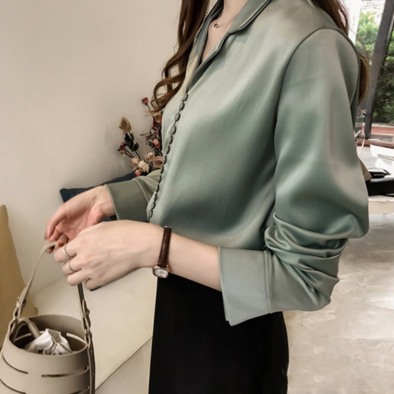 Buttoned Style Collared V Neck Shirt for Women - Green image