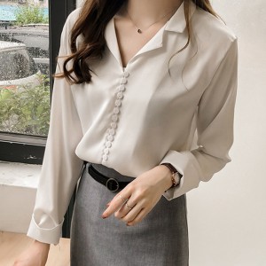 Buttoned Style Collared V Neck Shirt for Women - White