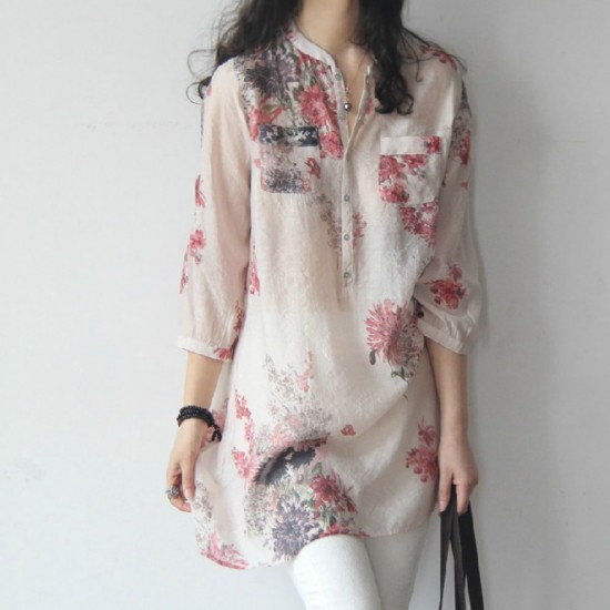 Floral Pattern Elbow Length Mid Length Ladies Shirt - Red image