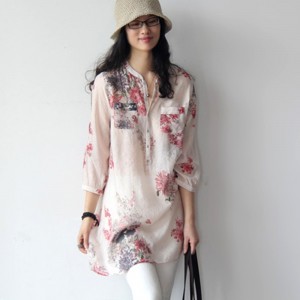 Floral Pattern Elbow Length Mid Length Ladies Shirt - Red