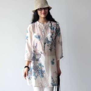 Floral Pattern Elbow Length Mid Length Ladies Shirt - Blue