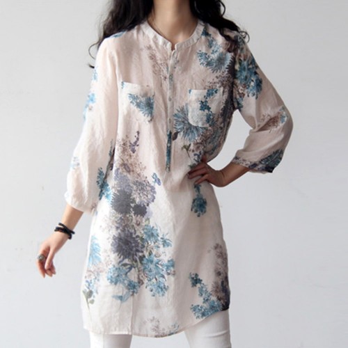 Floral Pattern Elbow Length Mid Length Ladies Shirt - Blue image
