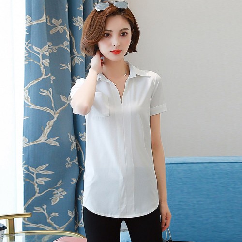 Trendy V Neck Short Sleeve Chiffon Shirt - White image