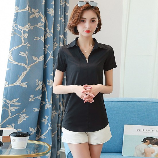 Trendy V Neck Short Sleeve Chiffon Shirt - Black image