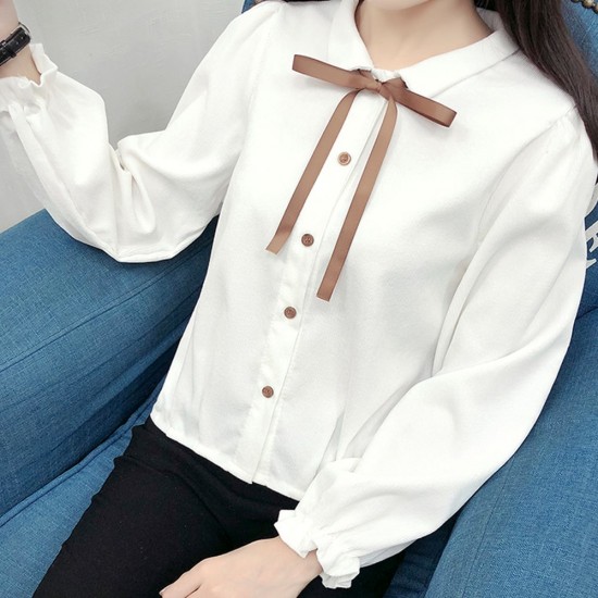 Solid Color Long Sleeve Corduroy Shirt For Women- White image