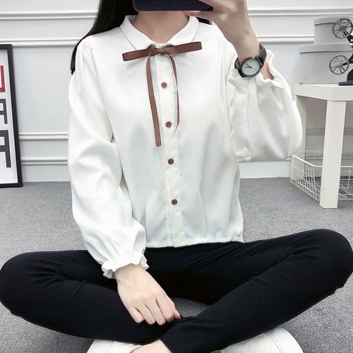 Solid Color Long Sleeve Corduroy Shirt For Women- White image