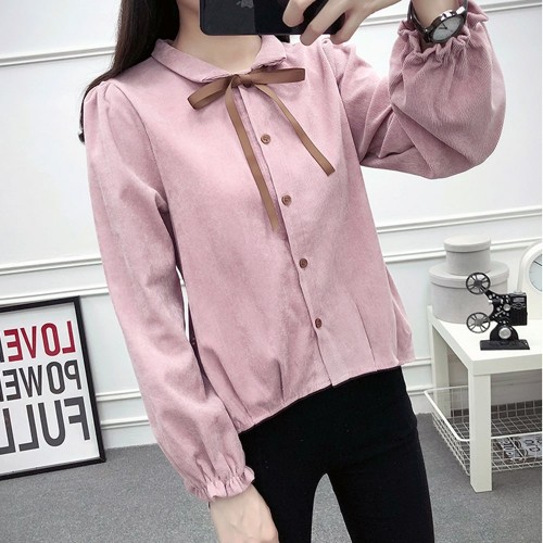 Solid Color Long Sleeve Corduroy Shirt For Women - Pink image